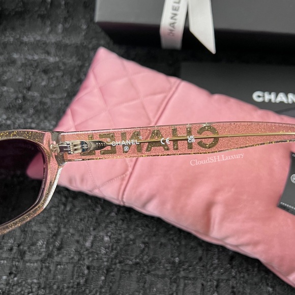 Auth NIB Chanel 71280 Crystal Logo Gold Glitter Rectangle Sunglasses - Picture 7 of 13